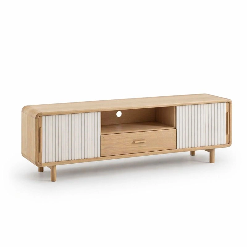Mueble TV madera natural con puertas acanaladas blancas-selviao
